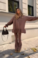 Sheila - Damska Bluza mokka z falbanką i kapturem 'Noisette'