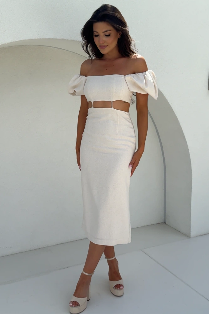 Sheila – Women’s Beige Midi Dress with Puff Sleeves ‘Soleila Beige’